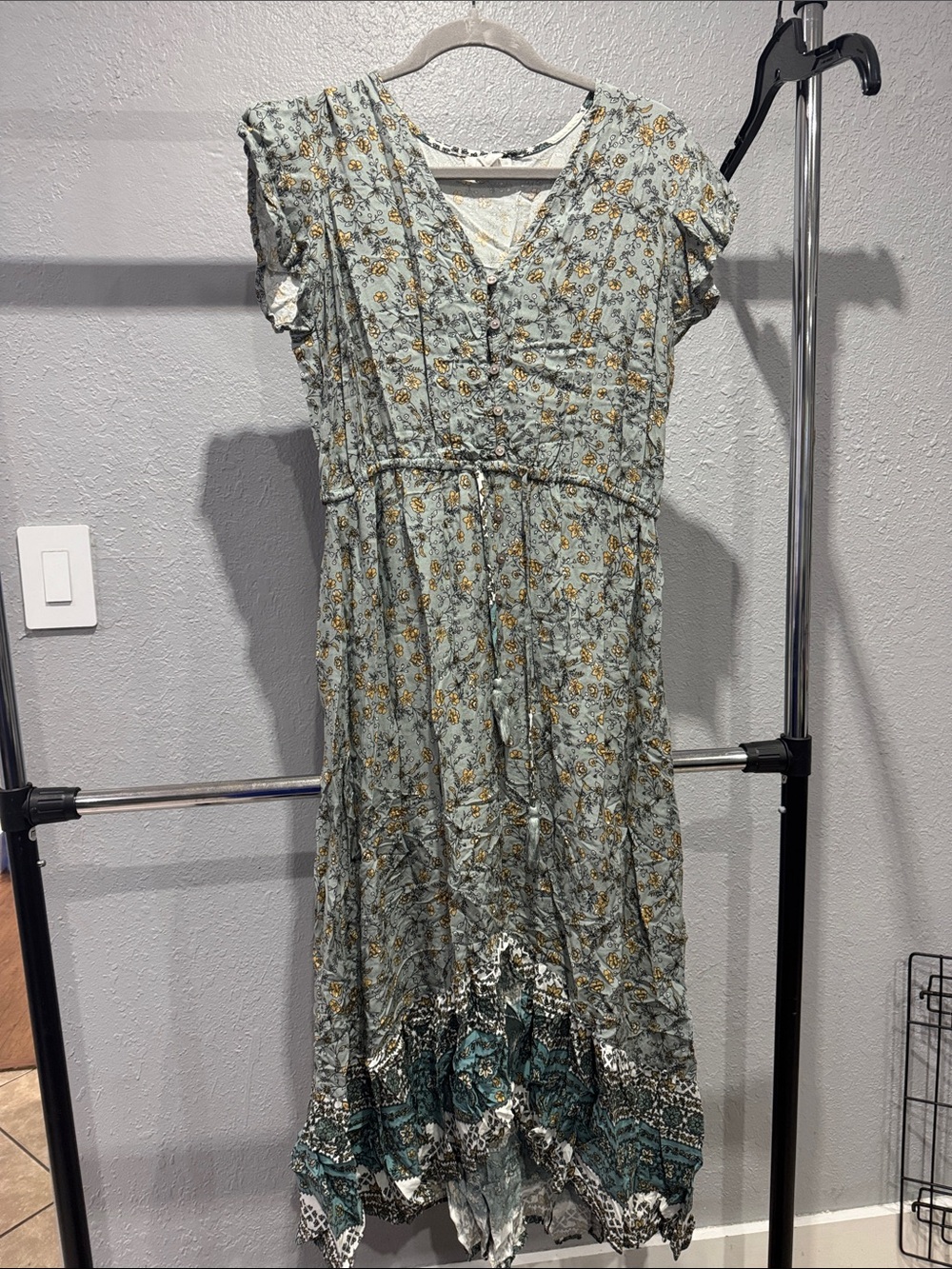 Japna Sage Green Floral Maxi Dress with Yellow Accents